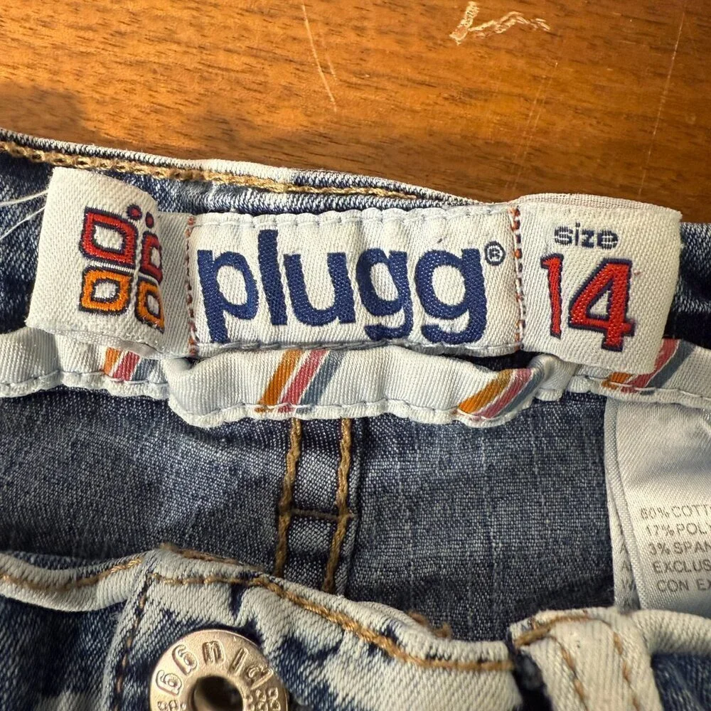 Plugg Jeans Medium Wash with Bleached Accents Sz 14 Cotton/Poly/Spandex Blend